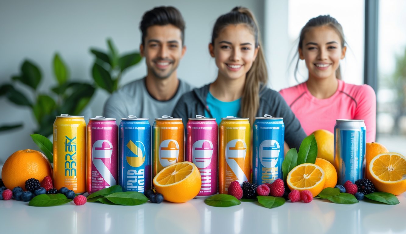 Beberapa minuman berenergi dengan buah segar di sekitar dan seorang dewasa serta remaja yang tampak sehat dan energik.