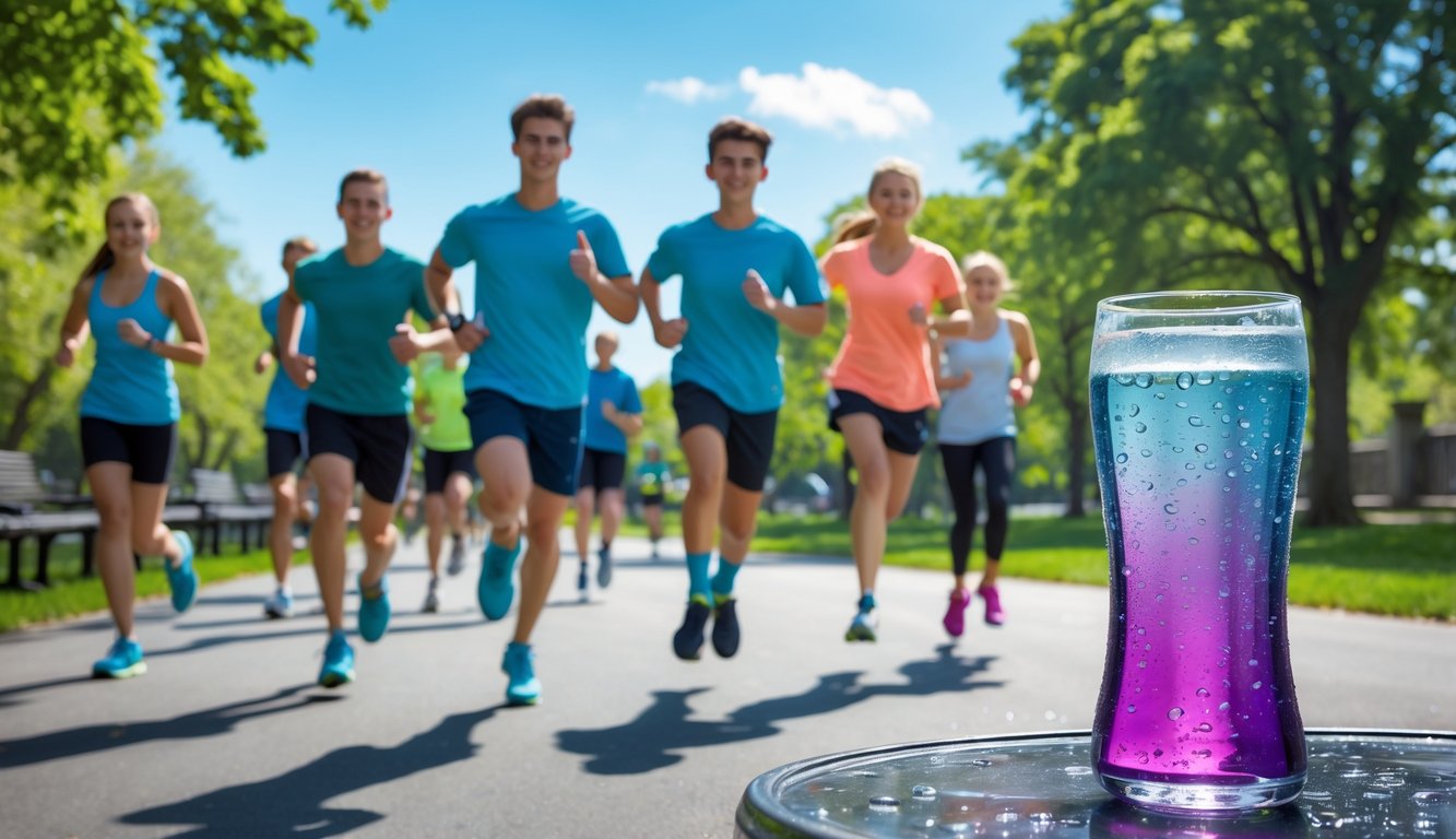 Sekelompok dewasa dan remaja sedang berolahraga di taman dengan minuman berenergi di dekat mereka.