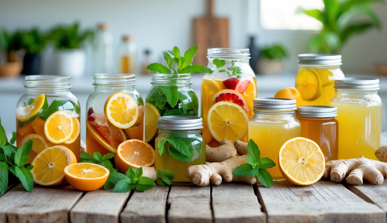 Berbagai minuman berenergi alami dalam botol kaca di atas meja kayu dengan buah dan rempah segar di sekitar.