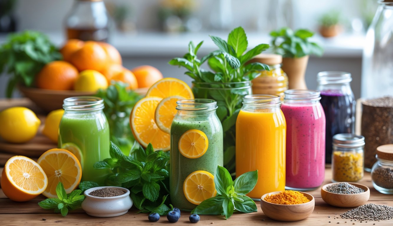Berbagai minuman berenergi alami dengan bahan segar seperti buah jeruk, daun mint, madu, dan biji chia yang disusun di atas meja kayu.