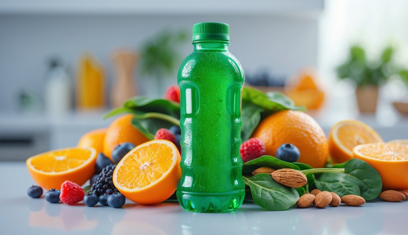 Botol minuman berenergi dengan buah dan sayuran segar di sekitar, menunjukkan kandungan vitamin dan nutrisi lengkap.