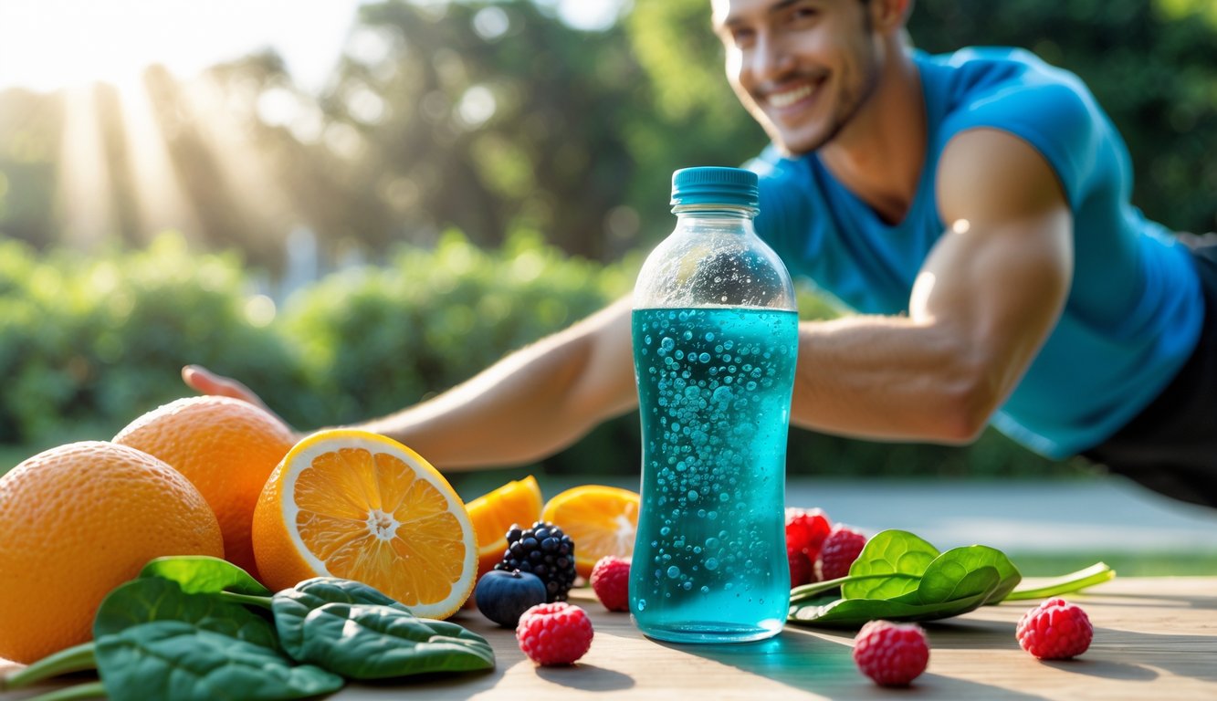 Botol minuman berenergi dengan buah dan sayuran segar di atas meja, dengan seorang dewasa muda yang sehat sedang tersenyum dan meregangkan tubuh di luar ruangan.