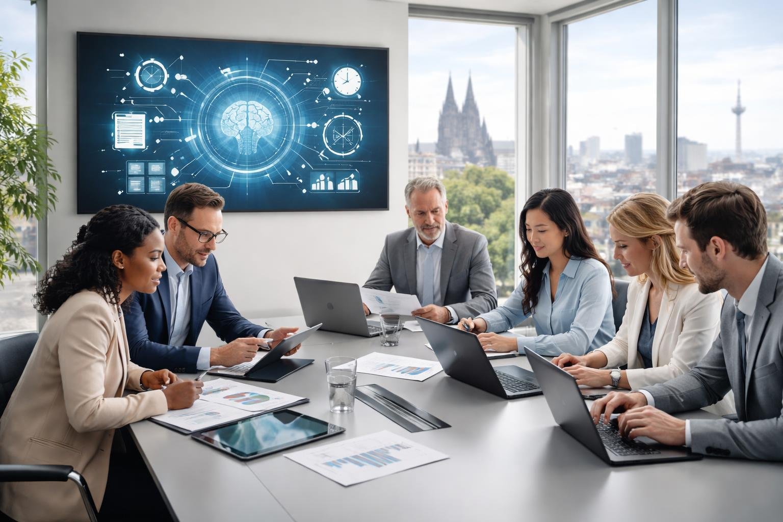 KI-Automatisierung für Kölner Steuerkanzleien Geschäftsleute in einem modernen Büro in Köln arbeiten gemeinsam an Laptops und digitalen Dokumenten, mit Blick auf die Stadt und den Kölner Dom im Hintergrund.