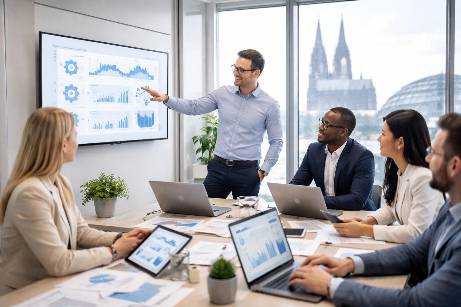 Mehrere Fachleute arbeiten gemeinsam in einem modernen Büro mit digitalen Geräten, im Hintergrund ist der Kölner Dom zu sehen.
