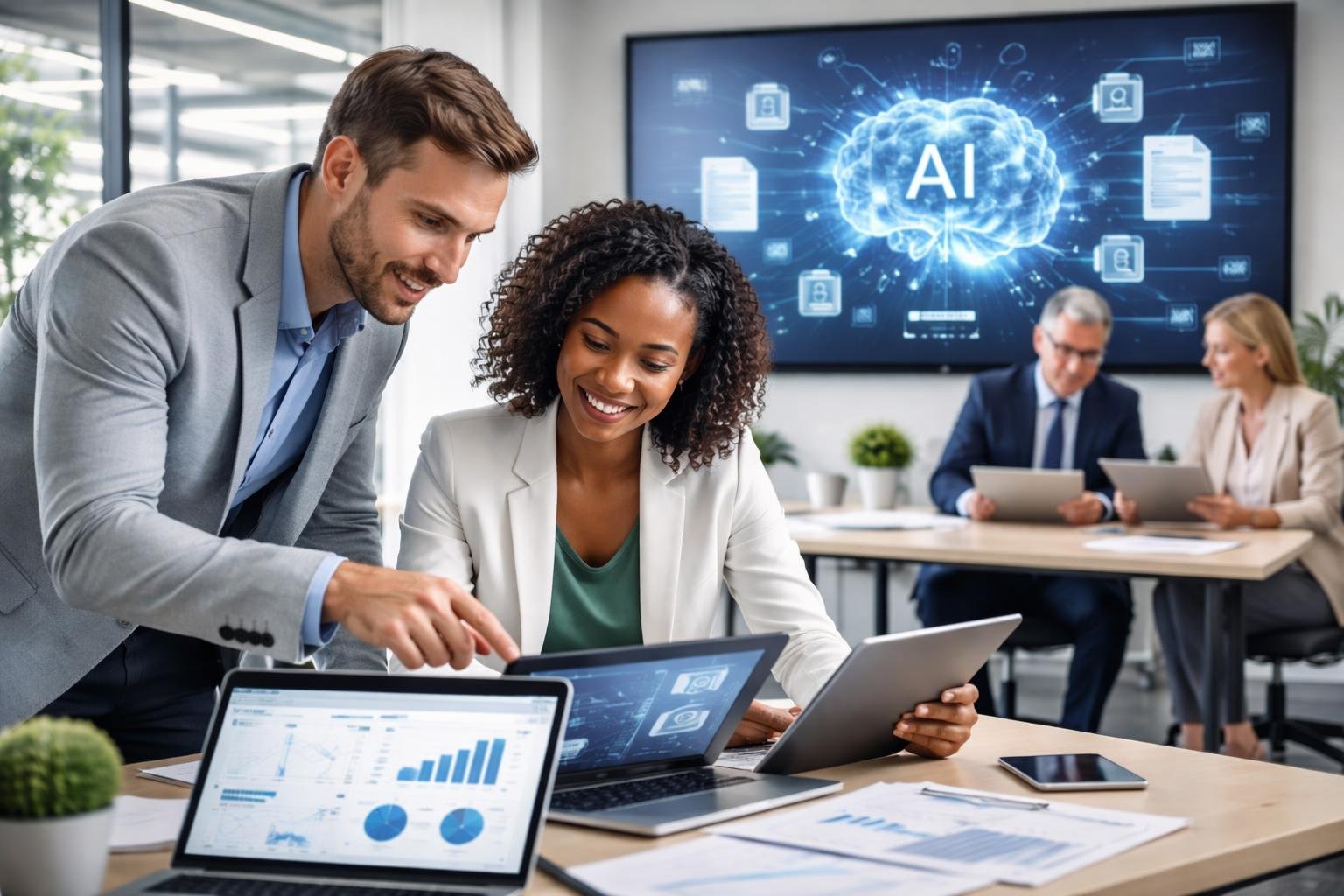 Mehrere Fachleute in einem modernen Büro arbeiten gemeinsam an Computern und digitalen Geräten, während im Hintergrund eine Grafik für künstliche Intelligenz zu sehen ist.
