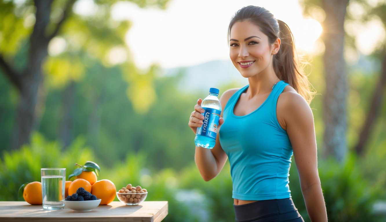 Seorang wanita muda yang sehat dan energik memegang botol minuman berenergi di luar ruangan dengan latar belakang pohon hijau dan sinar matahari pagi, di dekat meja dengan buah segar dan air.