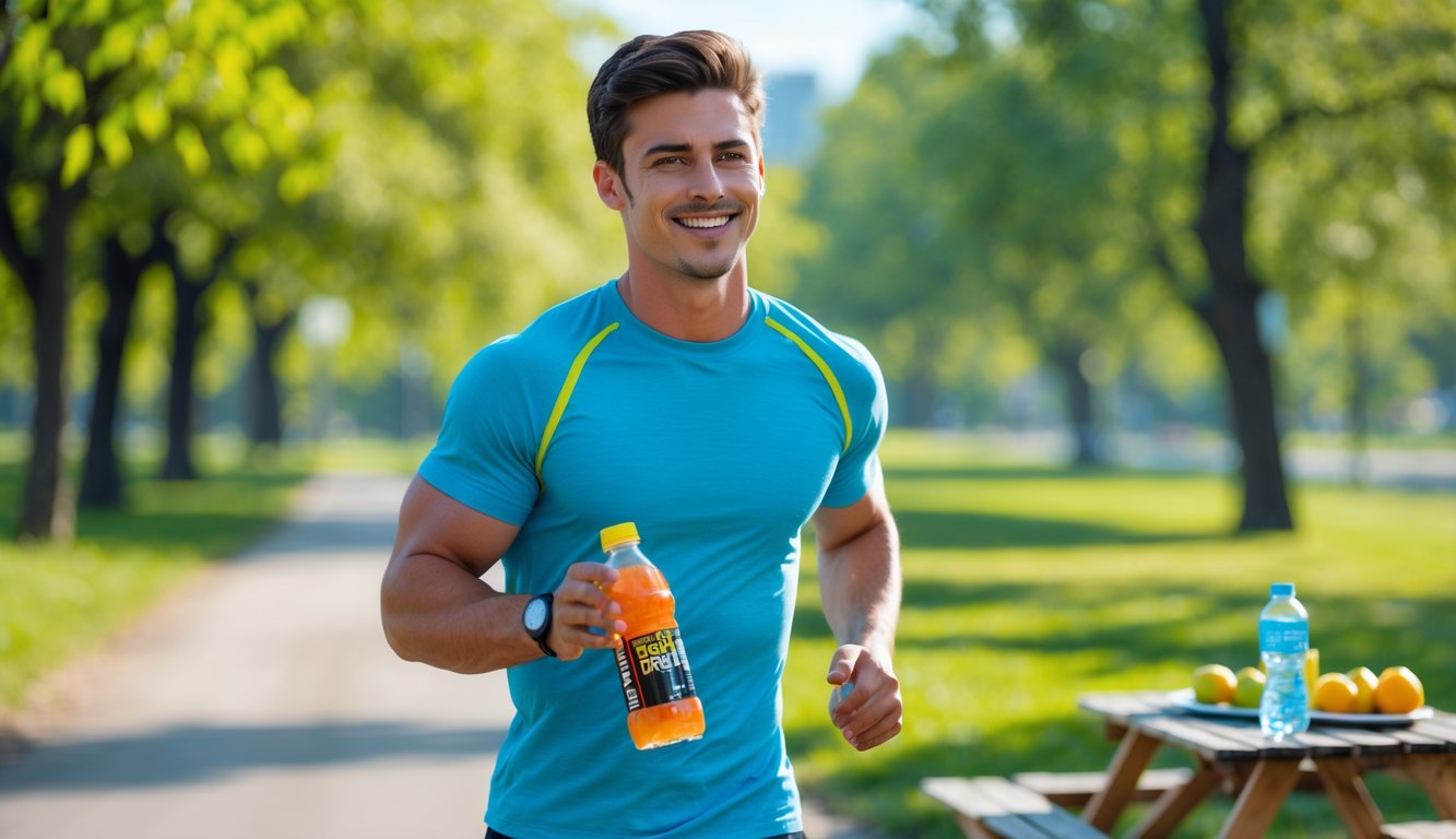 Seorang pria muda yang sehat dan energik memegang botol minuman berenergi di taman yang cerah dan hijau.