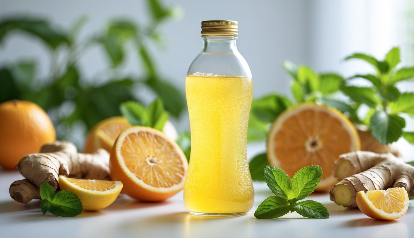 Botol minuman berenergi berisi cairan kuning cerah dengan irisan buah jeruk, jahe, dan daun mint di atas permukaan putih.