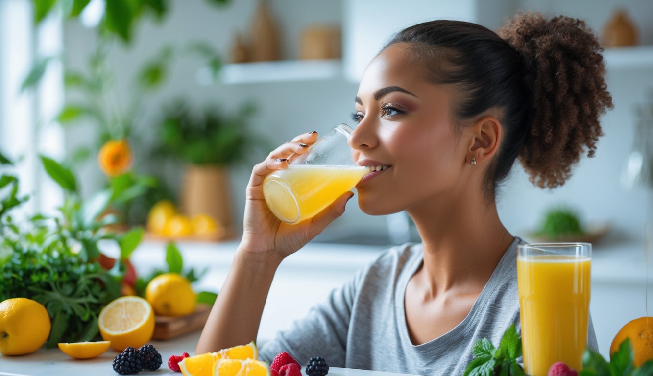 Seorang dewasa muda yang sehat dan energik sedang minum minuman berenergi alami di dapur yang cerah dengan buah-buahan dan tanaman segar di sekitarnya.