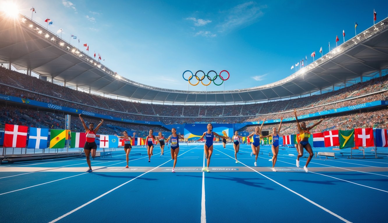 Suasana stadion Olimpiade musim panas 2026 dengan atlet dari berbagai negara yang sedang bertanding dan penonton yang bersorak.
