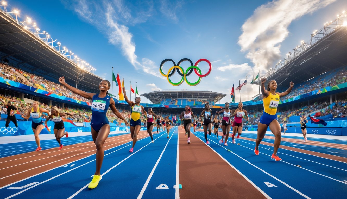 Stadion Olimpiade yang ramai dengan atlet dan penonton, menampilkan berbagai cabang olahraga musim panas yang sedang berlangsung.