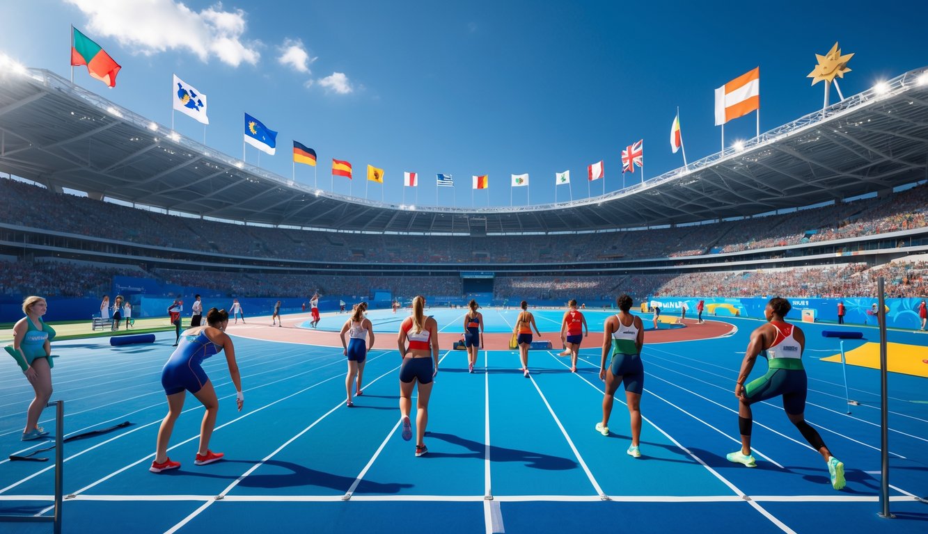 Stadion Olimpiade modern yang ramai dengan atlet dari berbagai negara sedang bersiap untuk pertandingan musim panas.