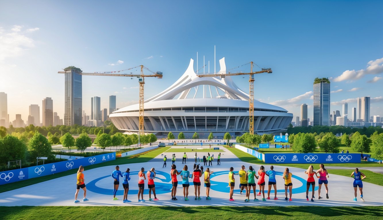 Stadion Olimpiade modern yang sedang dibangun dengan atlet dari berbagai negara berlatih di sekitarnya.