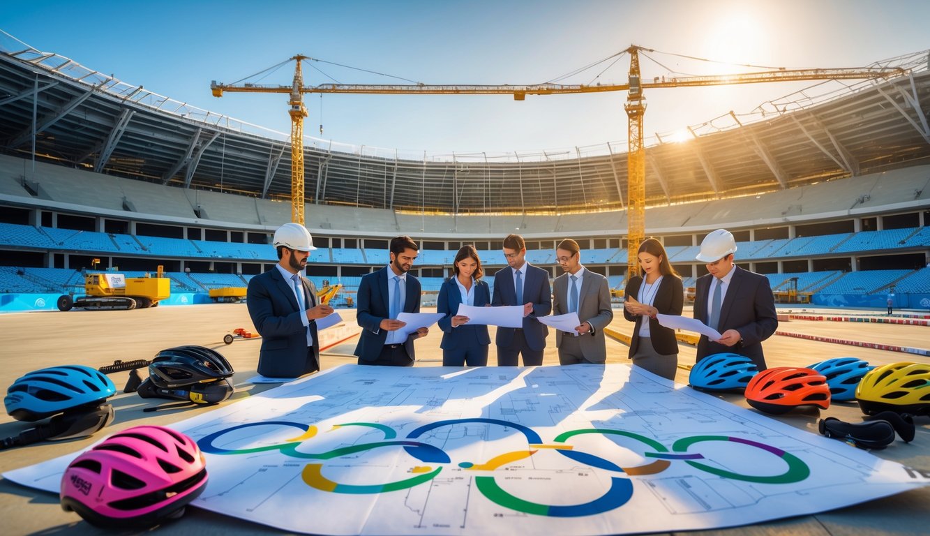 Stadion Olimpiade modern yang sedang dibangun dengan pekerja dan arsitek yang sedang berdiskusi serta peralatan olahraga di sekitarnya.