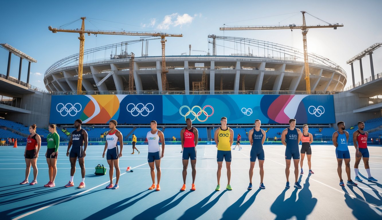 Stadion Olimpiade modern yang sedang dibangun dengan atlet dari berbagai negara sedang berlatih di depan stadion.