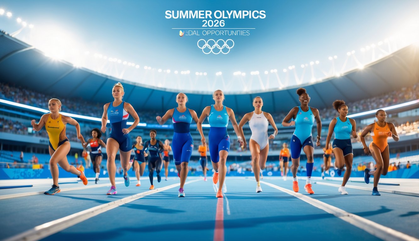 Sekelompok atlet sedang berkompetisi dalam berbagai cabang olahraga musim panas di stadion Olimpiade yang penuh penonton.