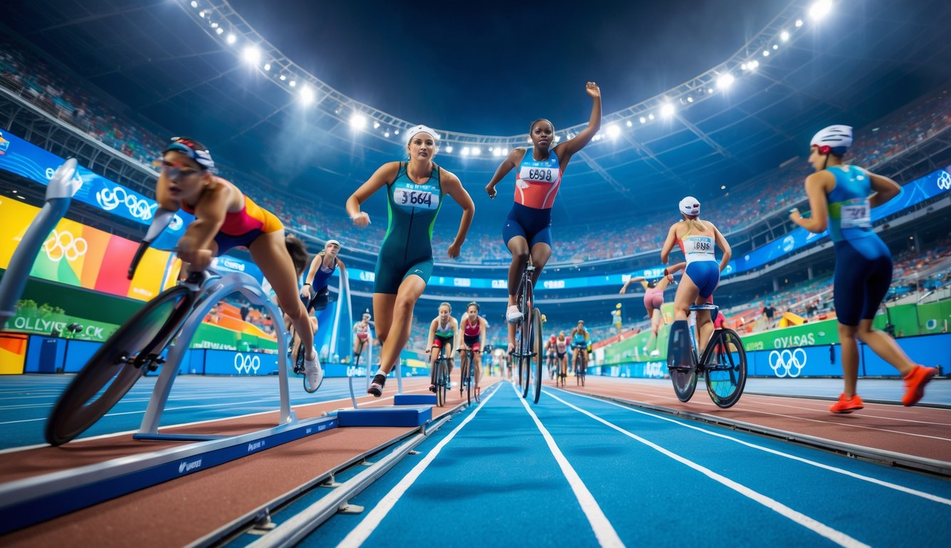 Atlet dari berbagai cabang olahraga sedang bertanding di stadion Olimpiade yang ramai.