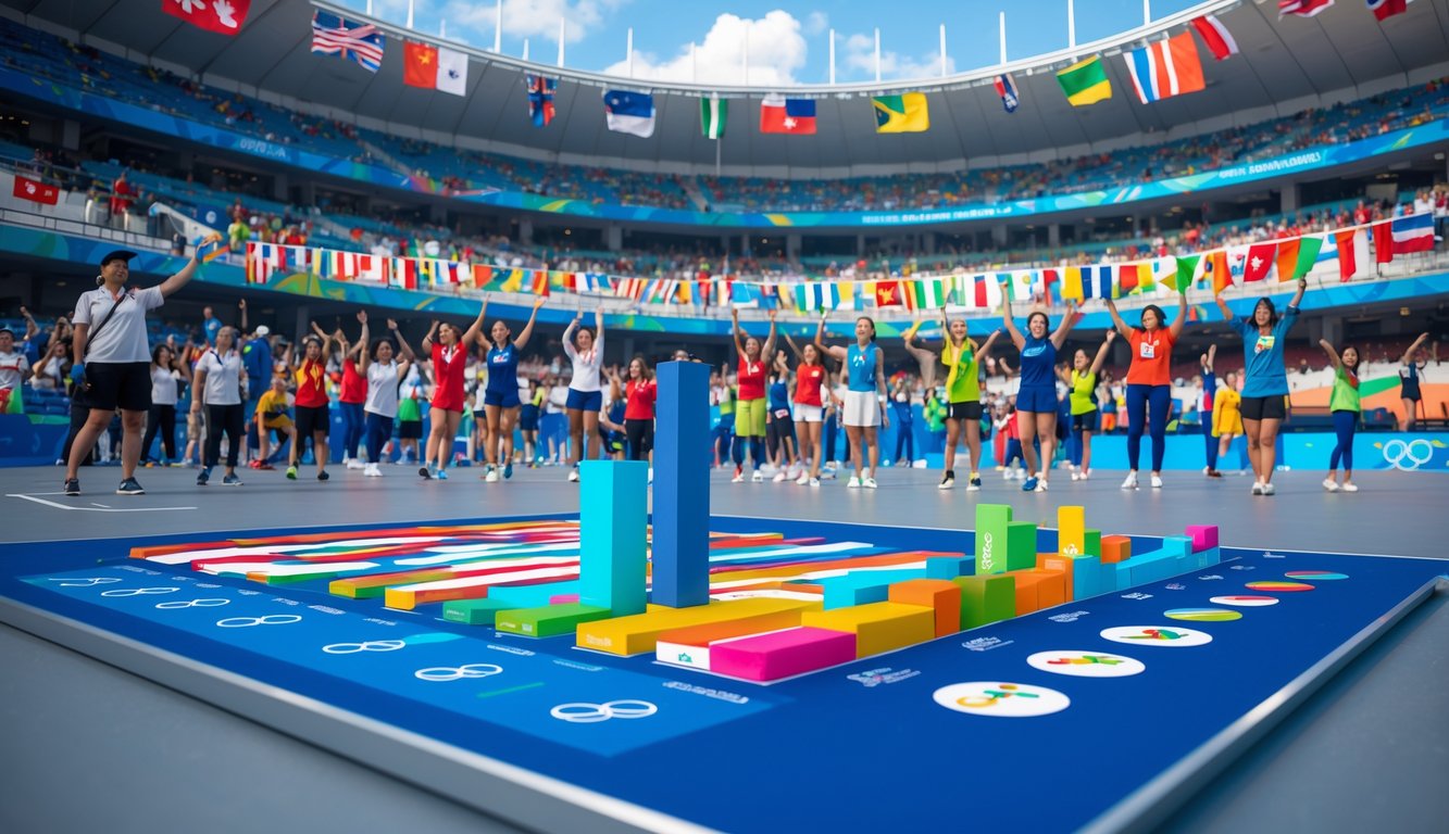 Stadion Olimpiade yang ramai dengan penonton dan papan skor digital menampilkan prediksi peraih medali dari berbagai negara.