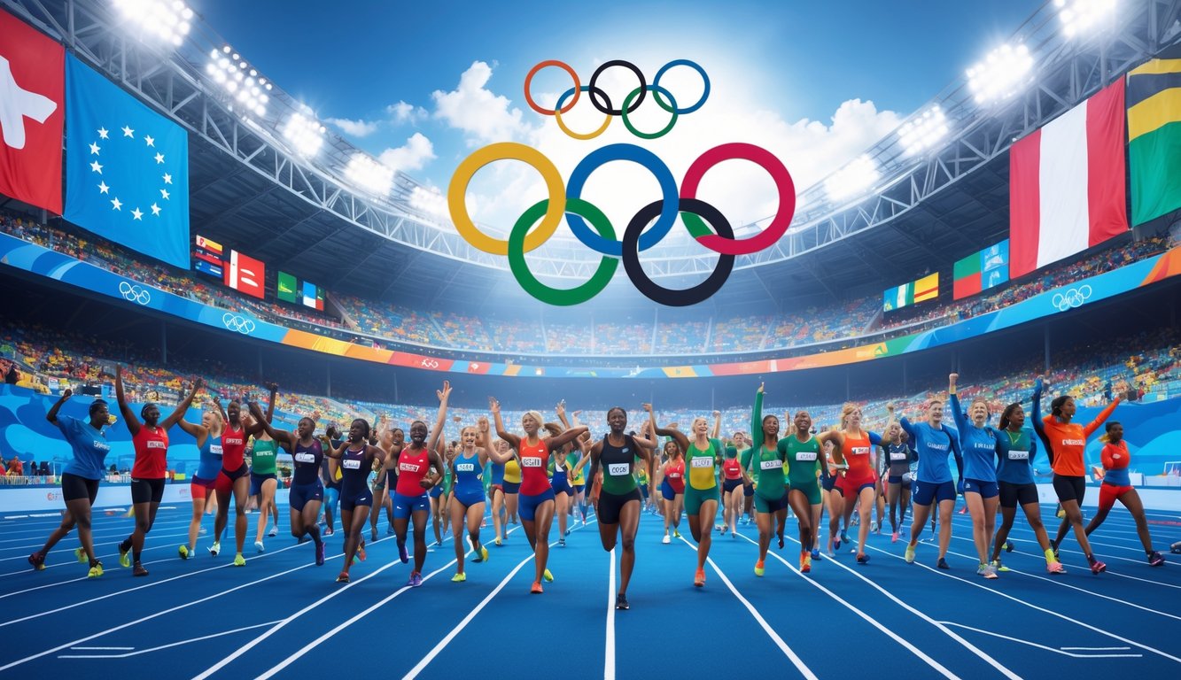 Atlet dari berbagai negara sedang berlomba dan merayakan di stadion Olimpiade yang penuh warna dengan latar belakang cincin Olimpiade dan bendera berbagai negara.