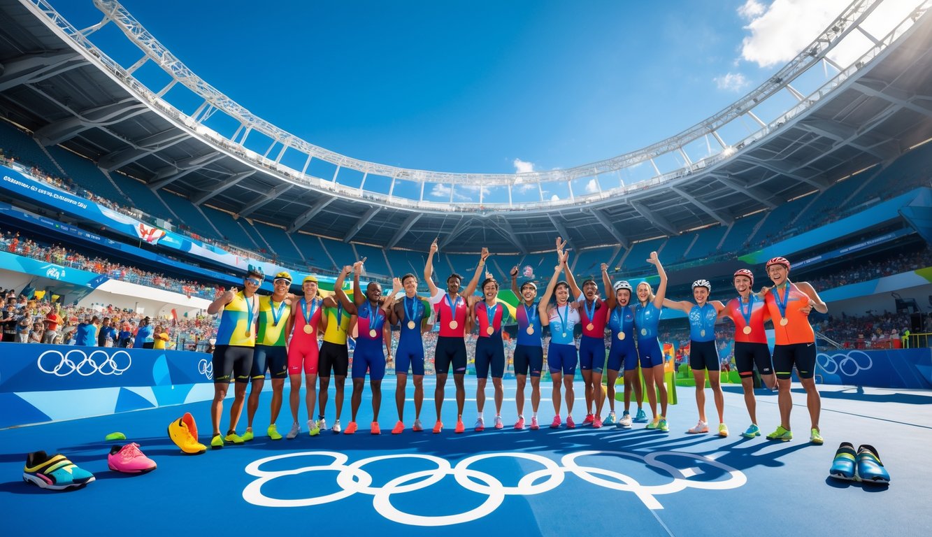 Atlet dari berbagai negara merayakan di stadion Olimpiade yang penuh penonton dengan bendera dan cincin Olimpiade terlihat di latar belakang.