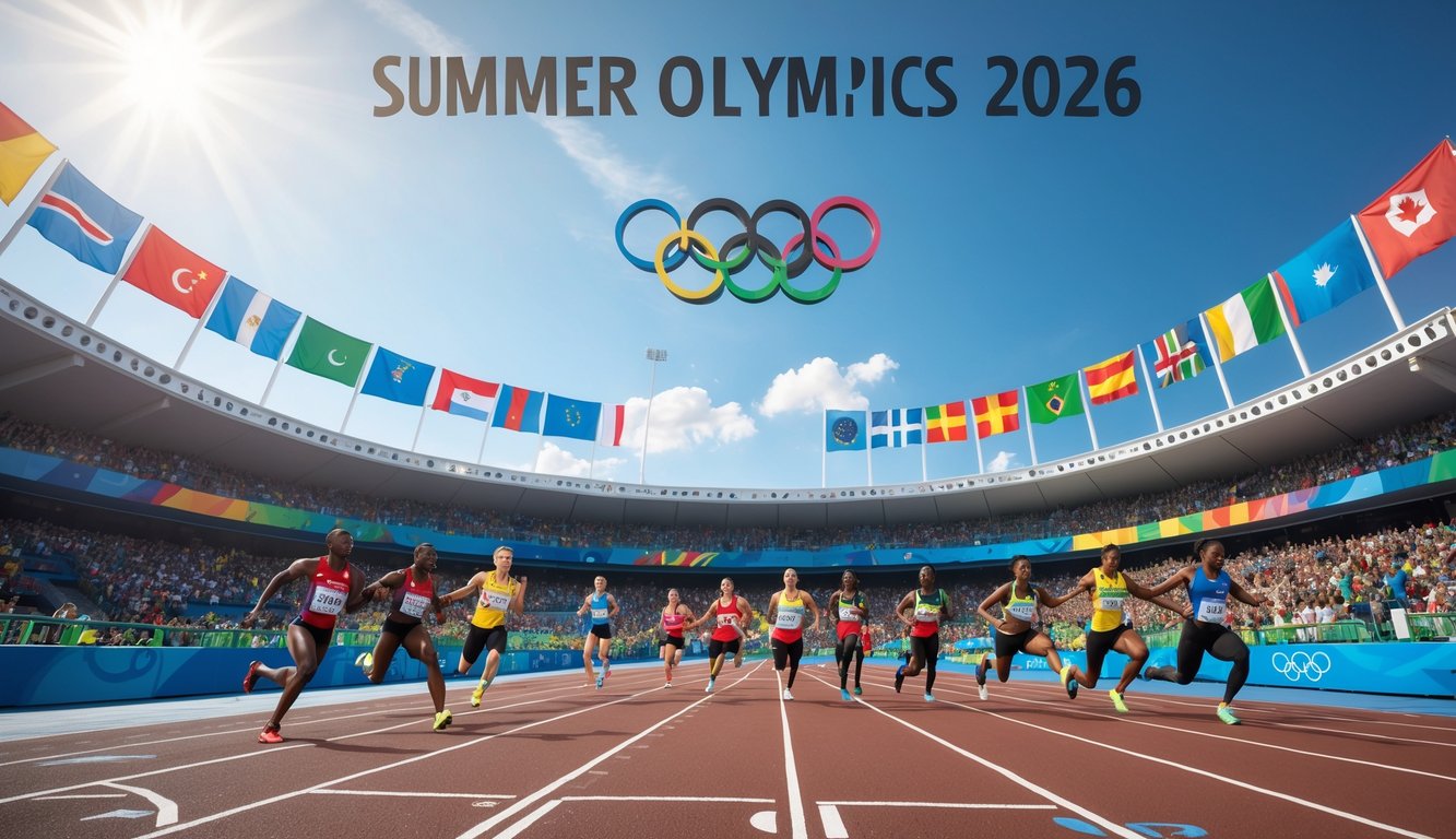 Stadion Olimpiade yang ramai dengan penonton dan atlet yang sedang berlomba dalam acara olahraga musim panas.