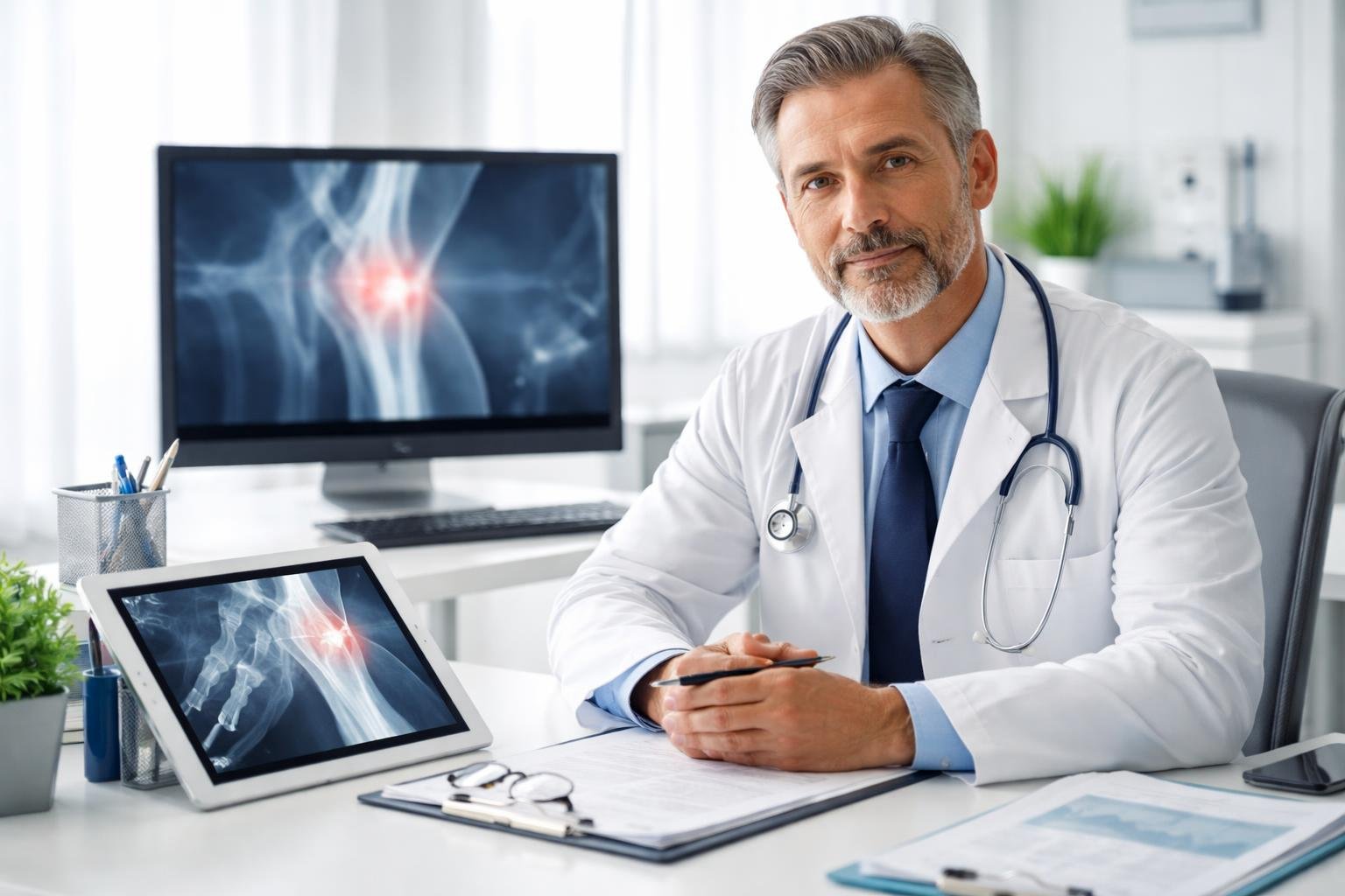 A doctor sitting at a desk in a medical office with medical documents and a digital tablet, with a computer screen showing a highlighted joint in a skeletal system.