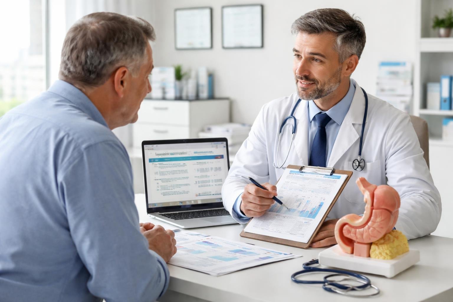 A doctor and patient discussing bariatric revision surgery and insurance in a bright medical office with medical charts and a stomach model on the desk.