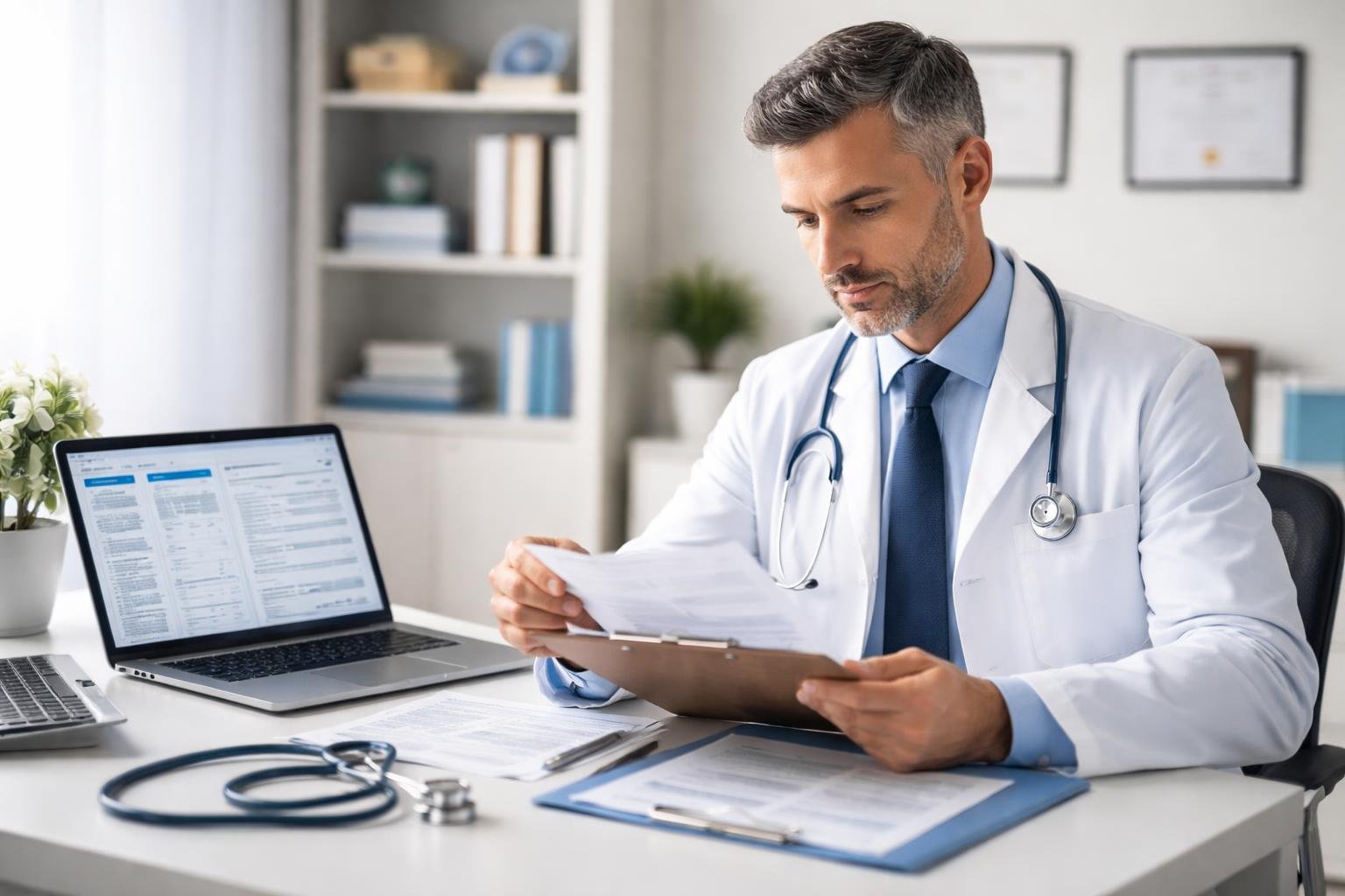 A doctor reviewing patient files and insurance documents in a modern medical office.