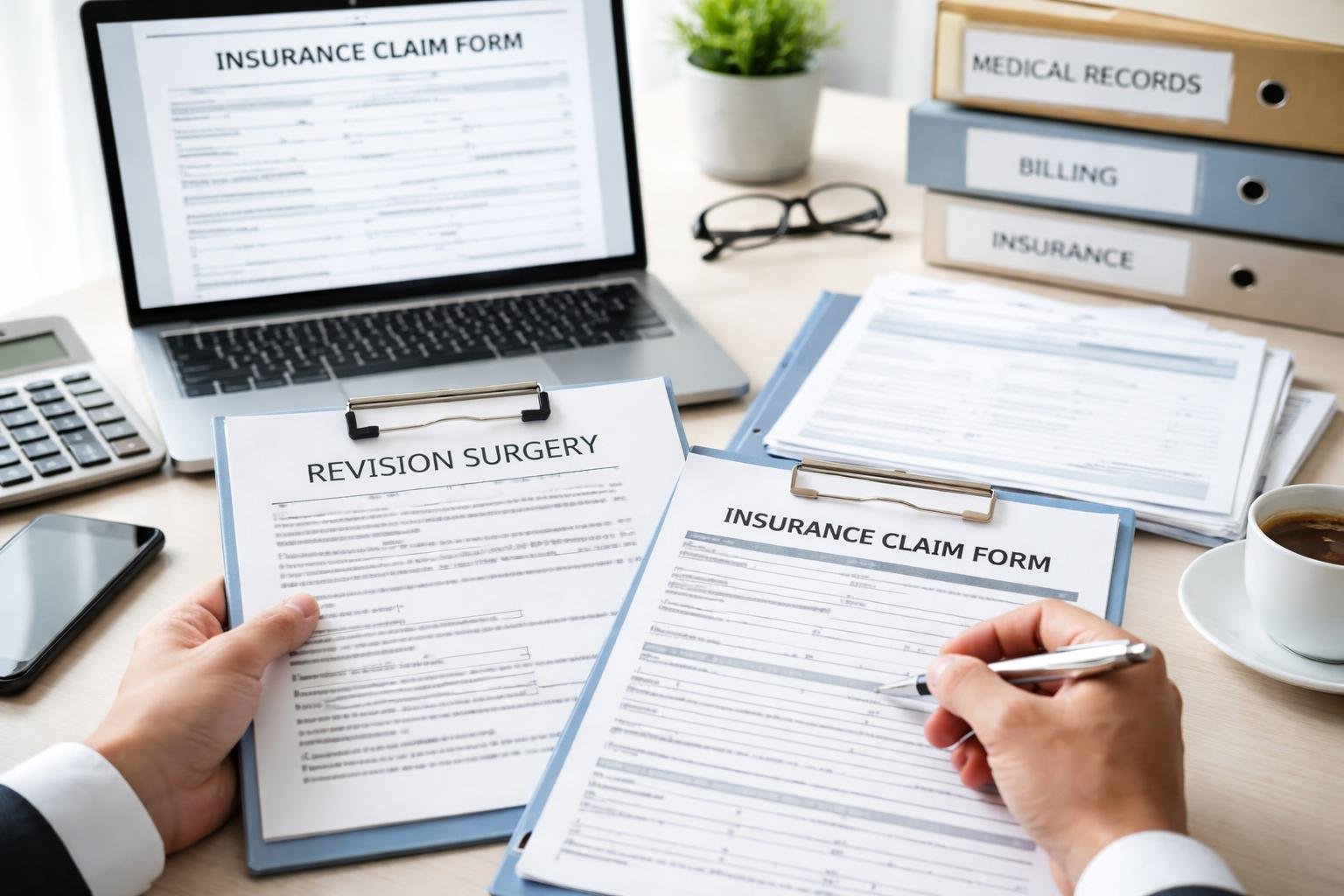 Hands holding medical and insurance documents over a desk with a laptop, calculator, and folders in a modern office.