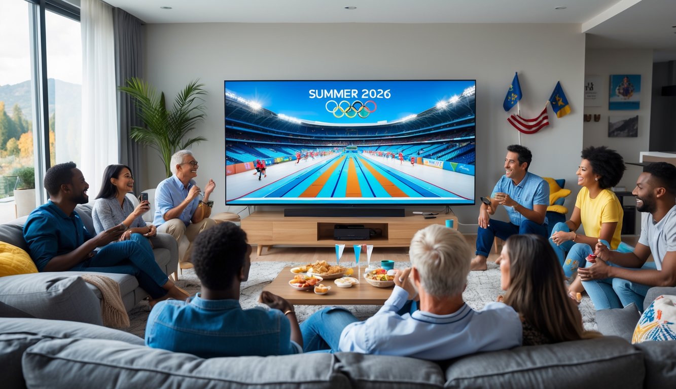 Sekelompok orang menonton pertandingan Olimpiade Musim Panas 2026 di ruang tamu dengan televisi besar.