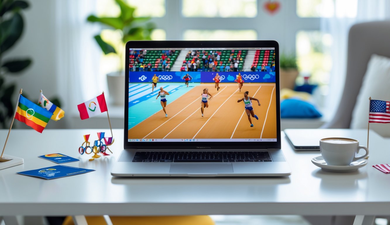 Seorang pengguna menonton pertandingan Olimpiade Musim Panas 2026 secara online di laptop di ruang kerja yang terang dan nyaman.