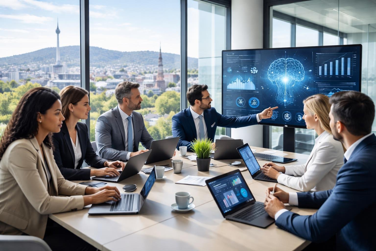 KI-Prozessautomatisierung für Steuerberater in Stuttgart Steuerberater arbeiten gemeinsam in einem modernen Büro mit digitalen Geräten vor einer Fensterfront mit Blick auf Stuttgart.