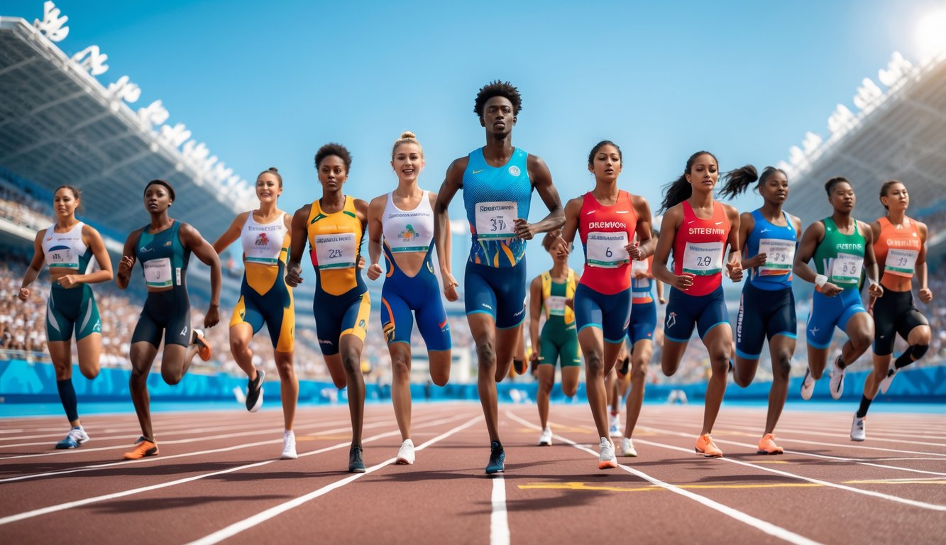 Sekelompok atlet muda beraksi di berbagai cabang olahraga musim panas di stadion Olimpiade yang penuh penonton.