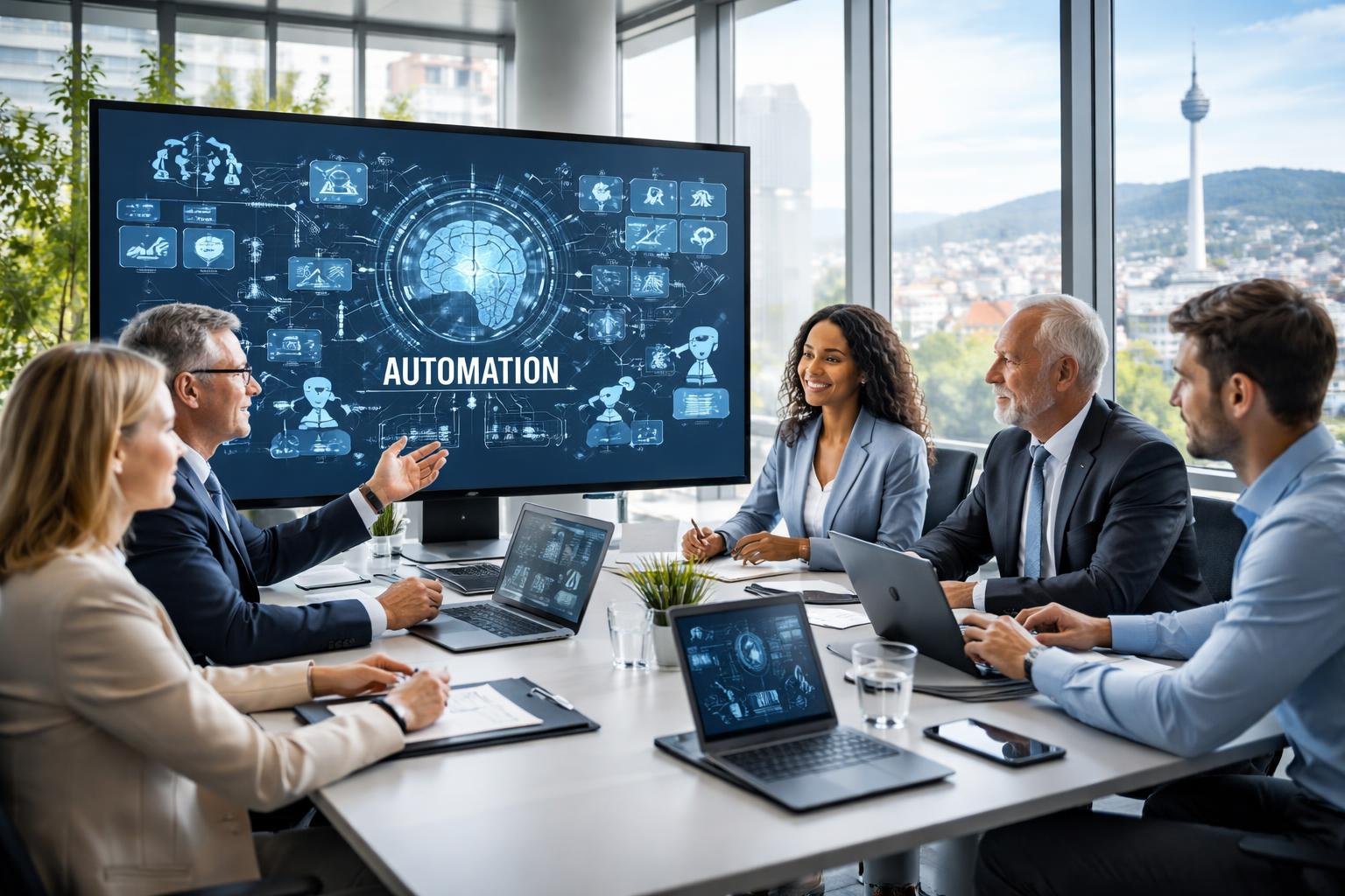Ein Team von Steuerberatern arbeitet gemeinsam an Computern in einem modernen Büro mit Blick auf die Stadt Stuttgart.