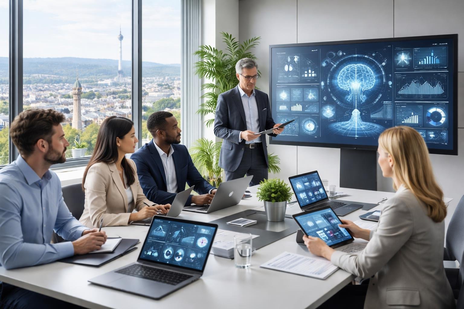Ein modernes Büro in Stuttgart mit Steuerberatern, die an einem Konferenztisch arbeiten und digitale Geräte nutzen.