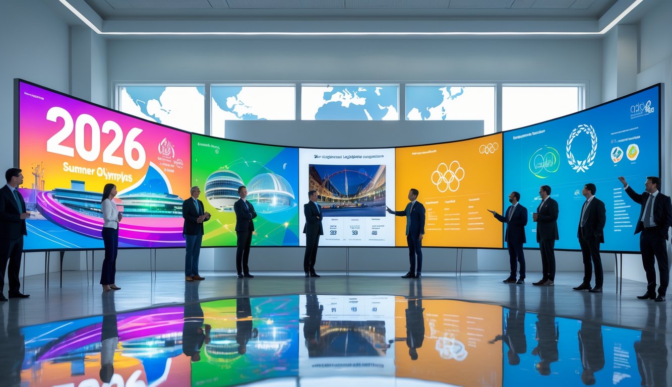 Dua papan digital berdampingan menunjukkan perbandingan Olimpiade Musim Panas 2026 dengan Olimpiade sebelumnya, dengan orang-orang yang sedang berdiskusi dan menganalisis data di ruangan konferensi.