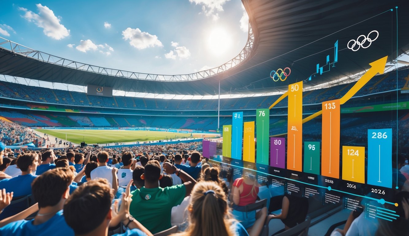 Stadion Olimpiade modern dengan penonton ramai, menampilkan elemen grafik digital yang menggambarkan perbandingan antara Olimpiade Musim Panas 2026 dan Olimpiade sebelumnya.
