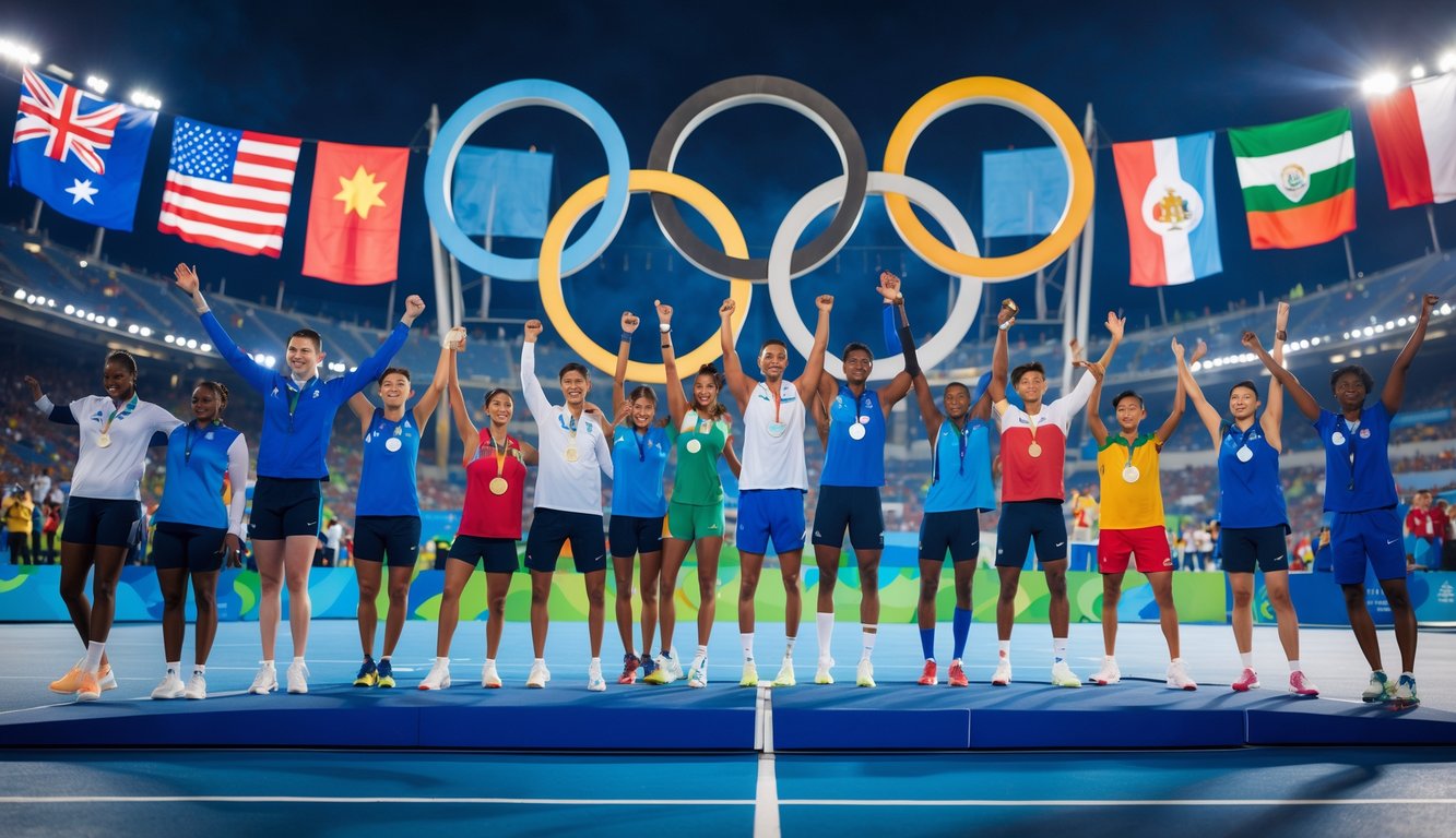 Sekelompok atlet dari berbagai negara merayakan bersama di stadion Olimpiade yang penuh penonton, dengan bendera dan simbol Olimpiade di latar belakang.