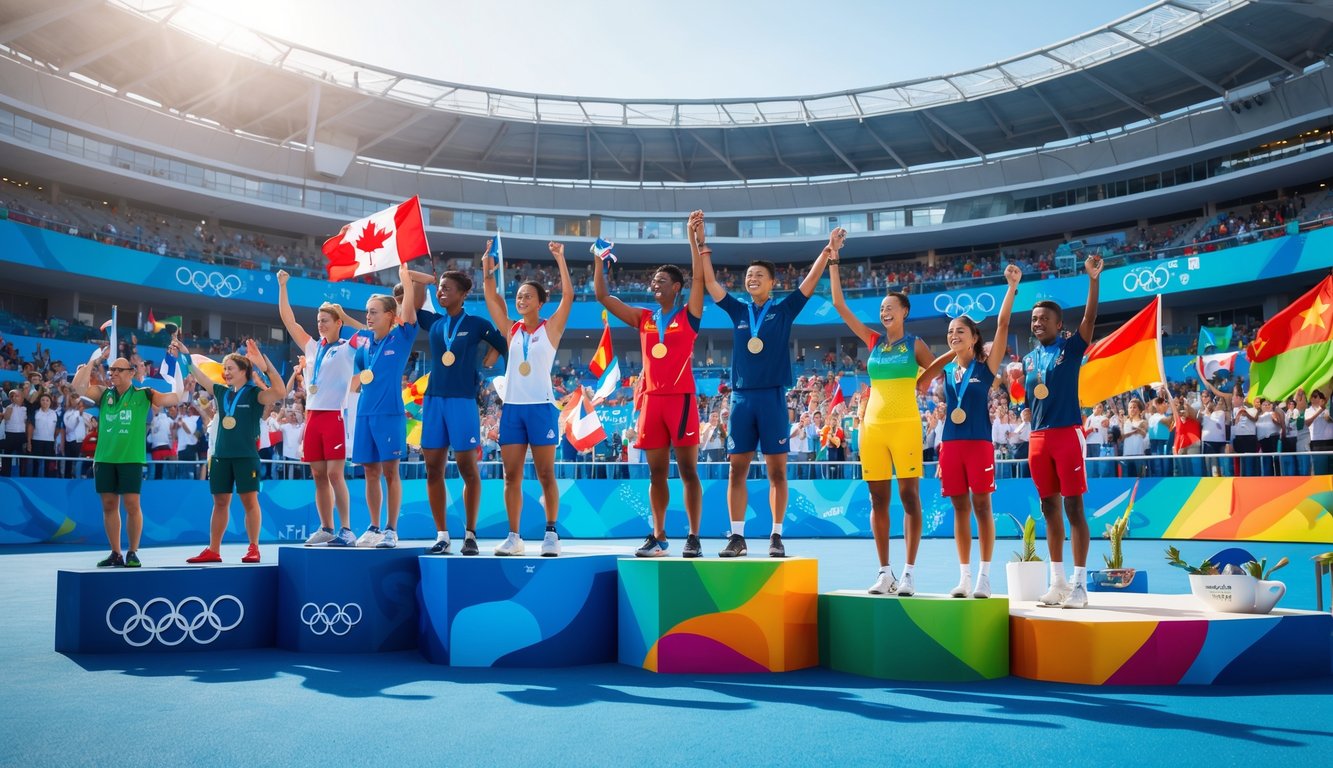 Kerumunan penonton di stadion Olimpiade modern dengan atlet dari berbagai negara merayakan kemenangan mereka di podium, dikelilingi bendera dan simbol Olimpiade.