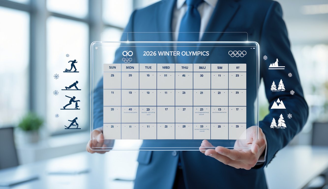 Seseorang memegang layar digital yang menampilkan jadwal dan ikon cabang olahraga Olimpiade Musim Dingin 2026 dalam ruangan kantor yang terang.