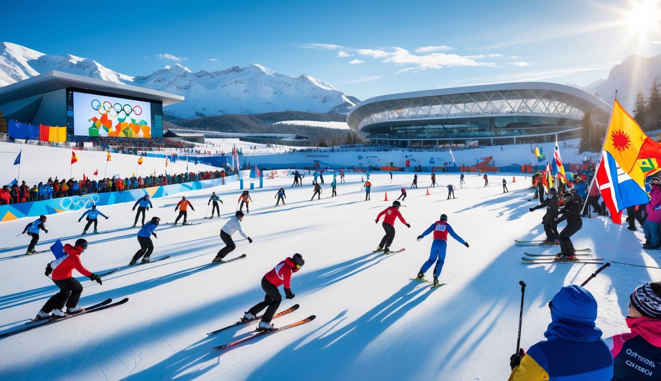 Atlet-atlet olahraga musim dingin berlomba di berbagai cabang olahraga di sebuah stadion Olimpiade dengan latar pegunungan bersalju dan penonton yang menyaksikan.