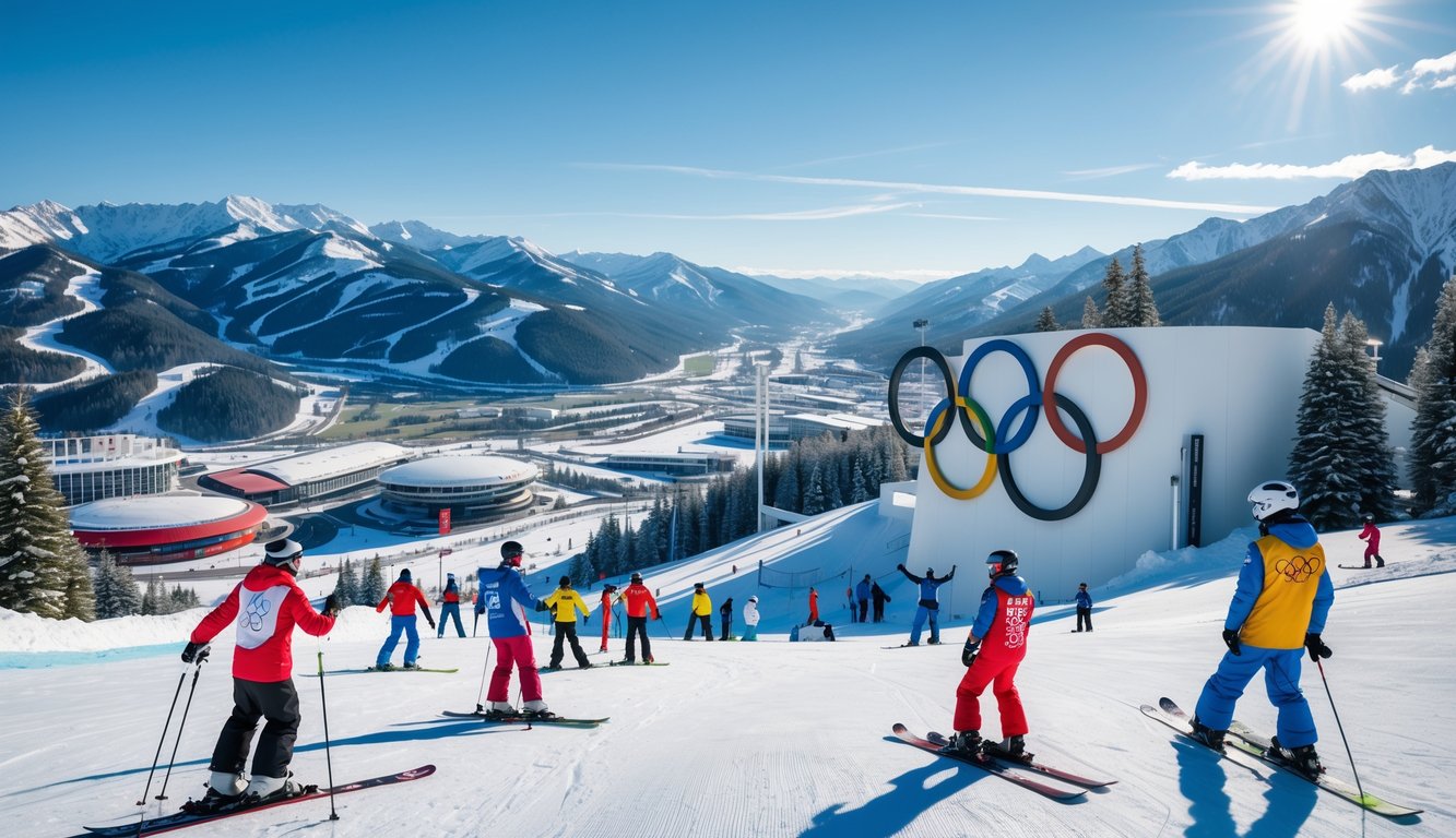 Pemandangan kota olahraga musim dingin dengan pegunungan bersalju, atlet bersiap untuk lomba ski dan snowboarding, serta cincin Olimpiade besar di dekat lereng ski.
