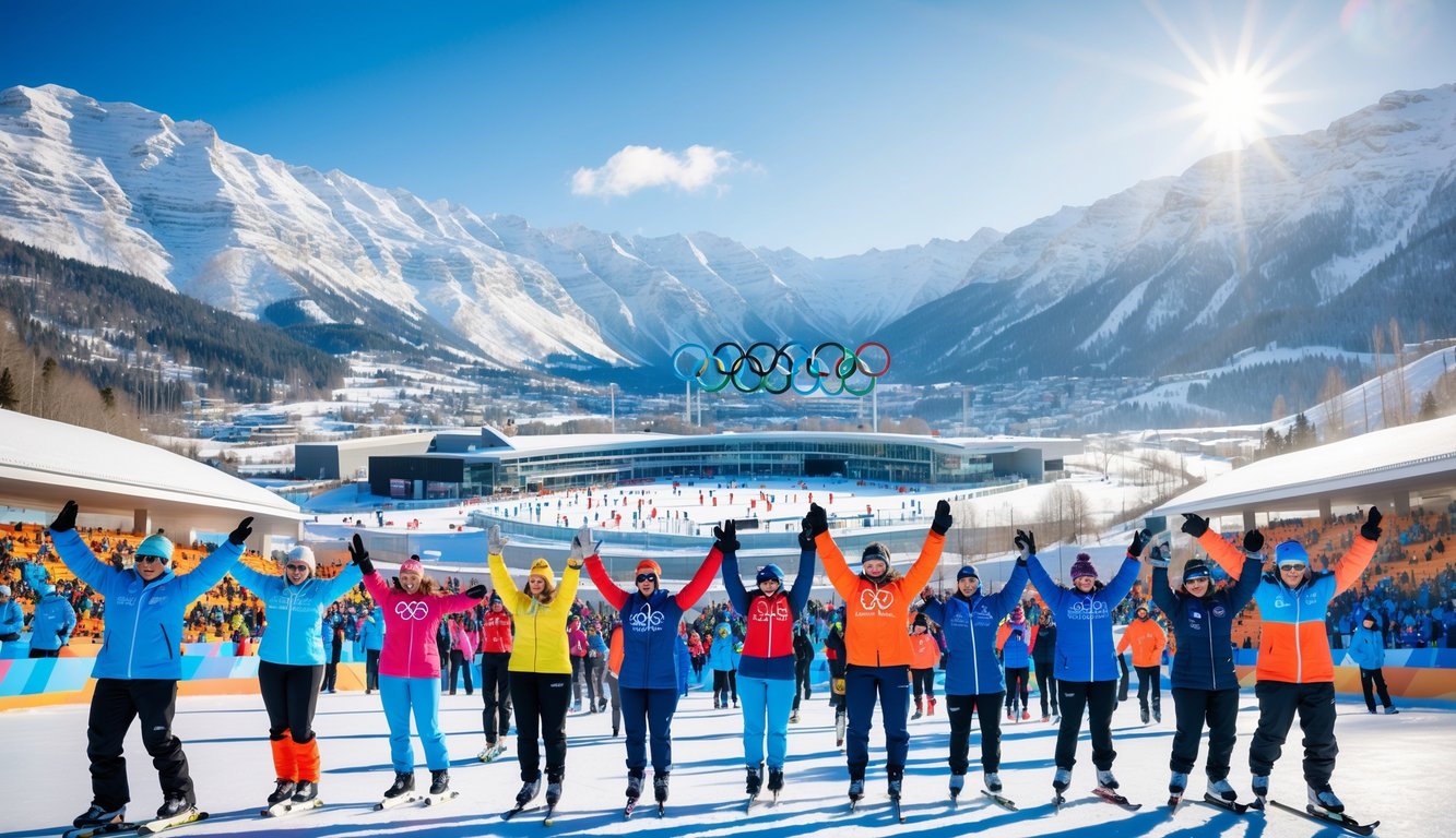 Pemandangan kota modern dengan arena olahraga musim dingin dan pegunungan bersalju, menampilkan atlet dan penonton yang antusias.