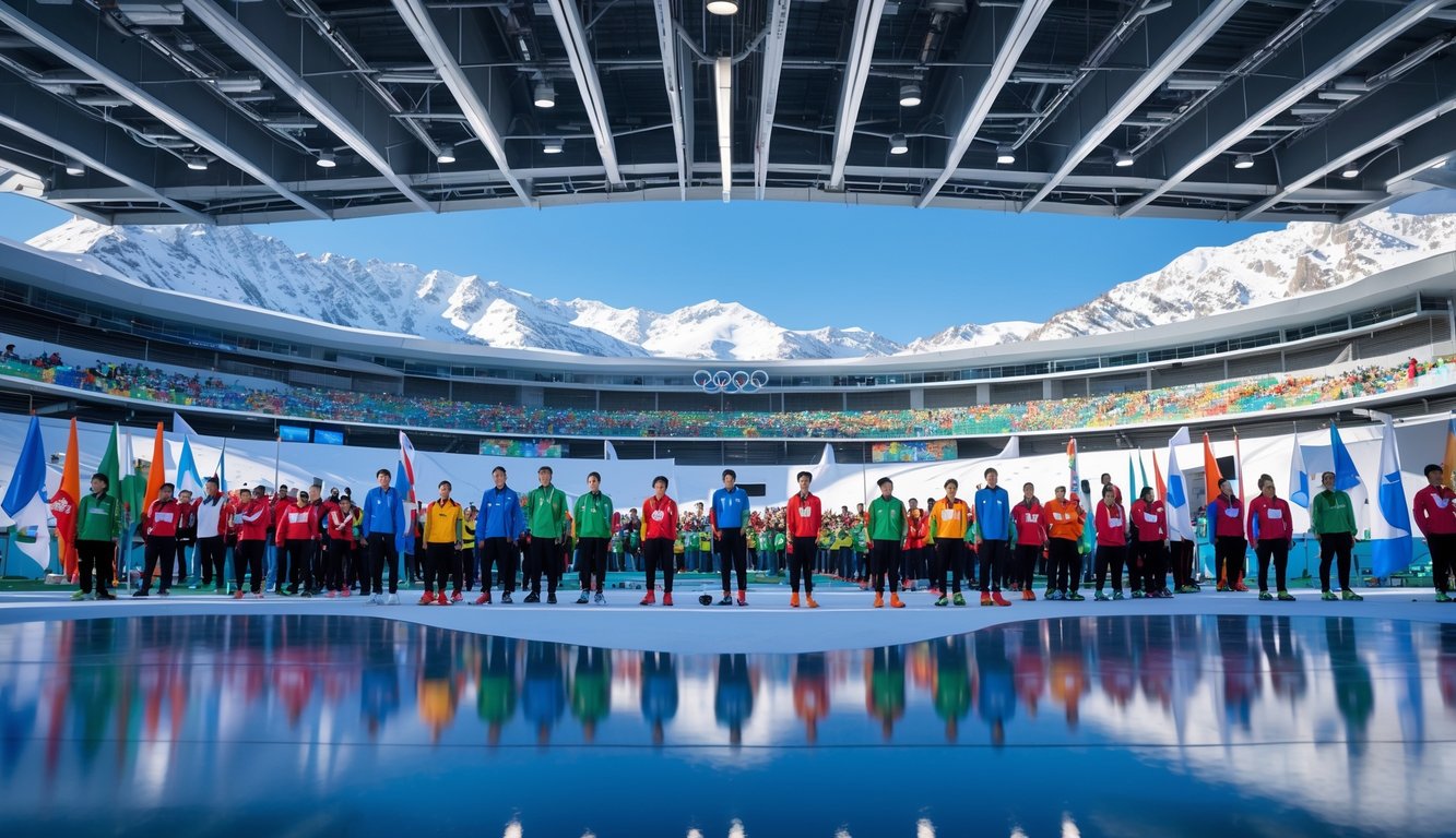 Suasana stadion Olimpiade 2026 dengan atlet dari berbagai negara mengenakan seragam nasional, bendera berbagai negara berkibar, dan latar belakang pegunungan bersalju.