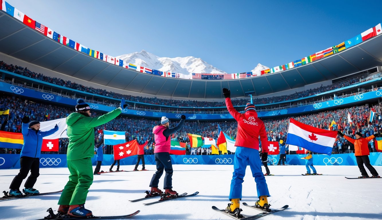 Suasana stadion Olimpiade musim dingin dengan atlet dan penonton dari berbagai negara, latar pegunungan bersalju dan bendera internasional.