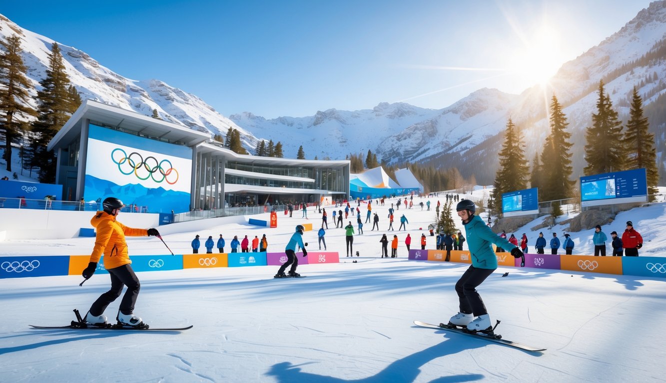 Suasana venue olahraga musim dingin Olimpiade 2026 dengan atlet beraksi di salju dan penonton menyaksikan acara di latar belakang pegunungan bersalju.