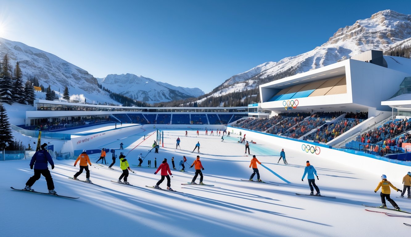 Pemandangan venue Olimpiade Musim Dingin 2026 dengan pegunungan bersalju, atlet olahraga musim dingin sedang bertanding, dan penonton di tribun.