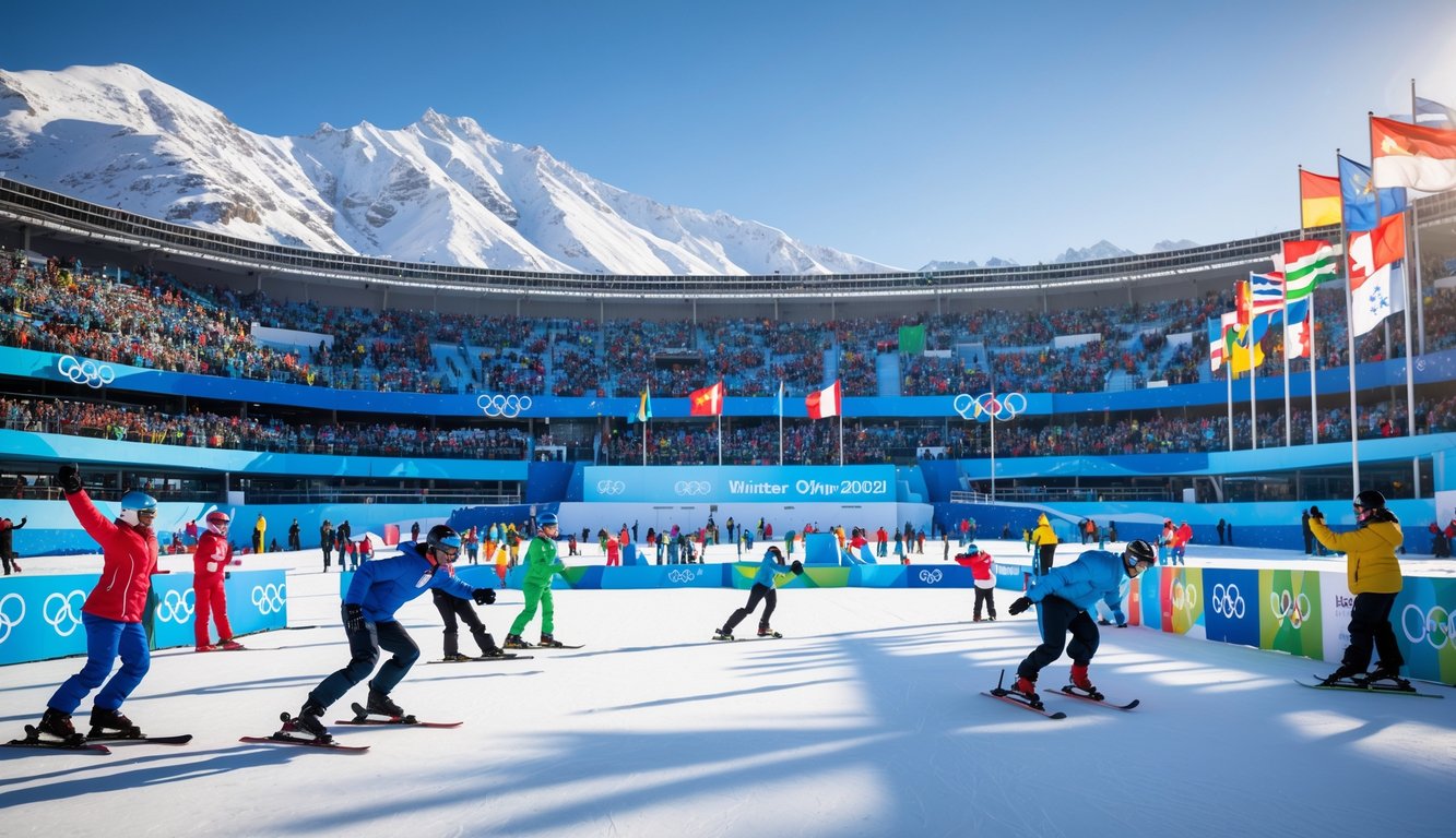 Atlet bersaing dalam berbagai olahraga musim dingin di stadion yang penuh penonton dengan latar pegunungan bersalju dan bendera negara-negara.
