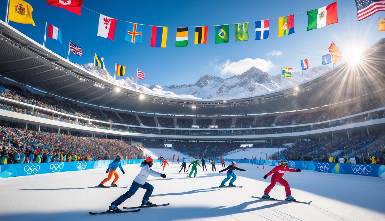 Stadion Olimpiade modern dengan penonton ramai, atlet berkompetisi dalam olahraga musim dingin seperti ski dan seluncur es, latar pegunungan bersalju dan langit cerah.