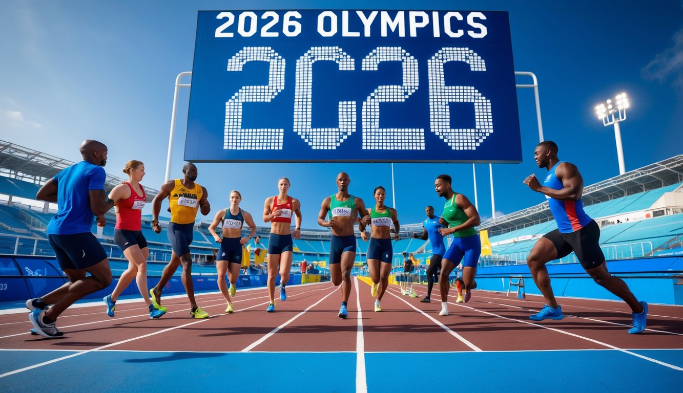 Sekelompok atlet dari berbagai cabang olahraga sedang berlatih dan berinteraksi dengan pelatih di fasilitas olahraga modern menjelang Olimpiade 2026.